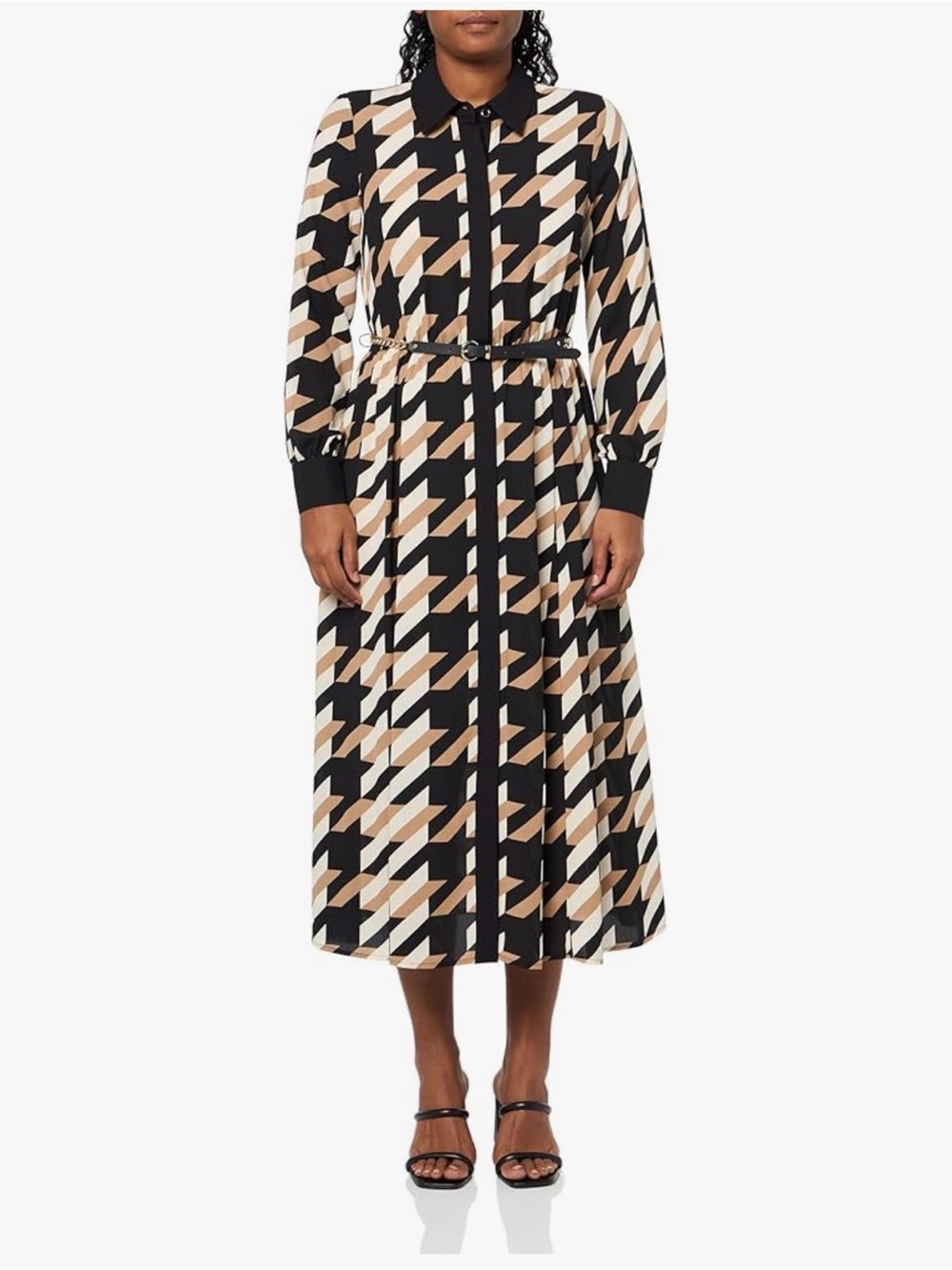 Anne Klein Black, Beige and Cream Geometric Houndstooth Midi Shirt Dress
